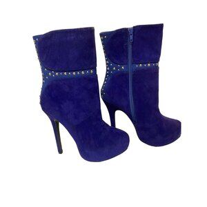 Blue Suede Studded High Heel Ankle Boots With Side Zipper For Women